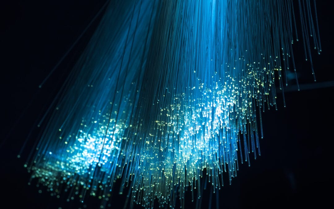 optical fibres dinamic flying from deep on technology background